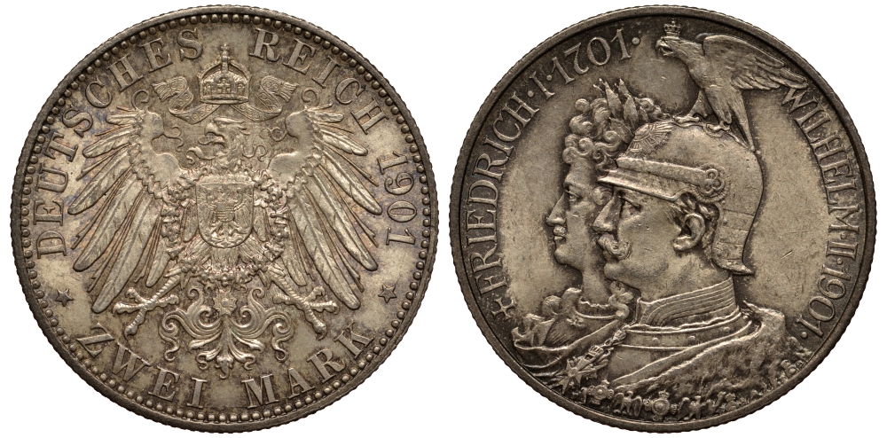 Пруссия 2 марки 1901 A, 200 лет Прусской королевской династии (Фридрих I - Вильгельм II) J.105, Weege 105, KM 525 серебро 413-3721