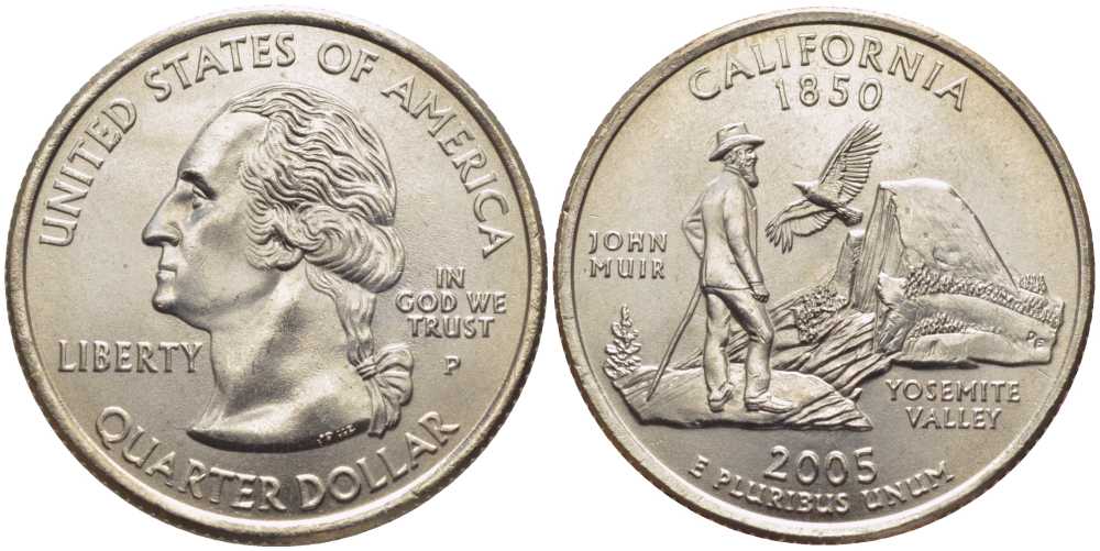 США 25 центов = квотер 2005 P, серия штаты США, Калифорния KM 370 медь плакированная медно-никелем UNC M50-09