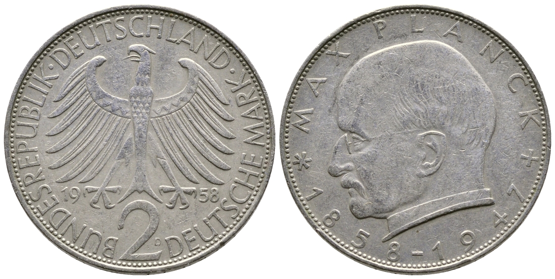 ФРГ 2 марки 1958 D, Макс Планк KM 116, J. 392 медно-никель плакированный никелем 4379-1241