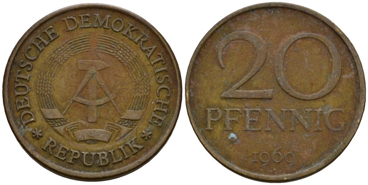 ГДР 20 пфеннигов 1969 А, первый год KM 11 латунь 4601-517