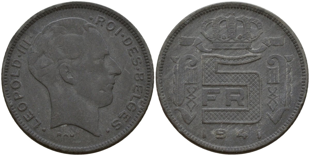 Бельгия 5 франков 1941 DES BELGES, Леопольд III (1934-1947) KM 130 цинк 4161-935