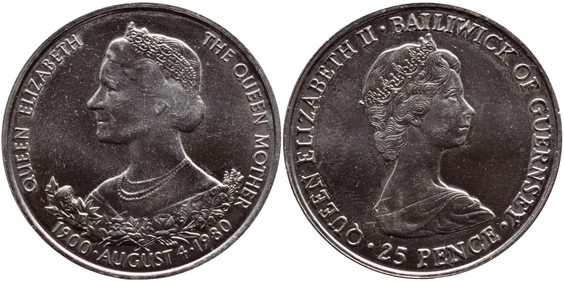 Гернси 25 пенсов 1980 80 лет Королеве Елизавете (королеве матери) KM 35 медно-никель UNC 74-815