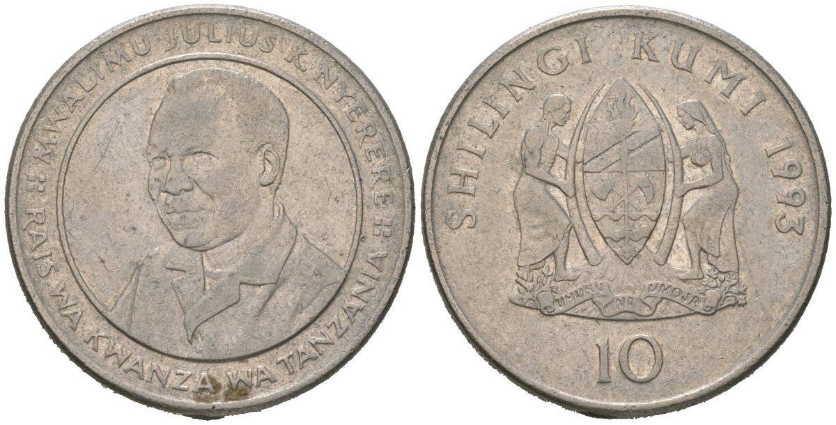 Танзания 10 шиллингов 1993 KM 20a сталь плакированная никелем 4389-415