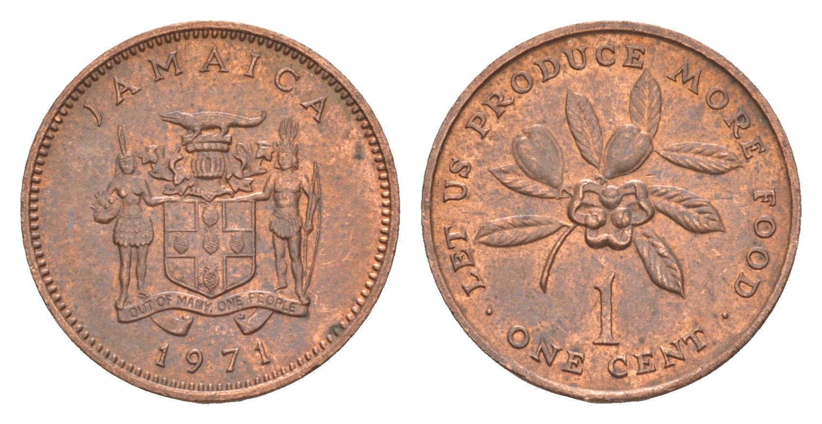 Ямайка 1 цент 1971 ФАО - Давайте производить больше еды, тираж - 20.000 KM 52 бронза UNC 4640-1265