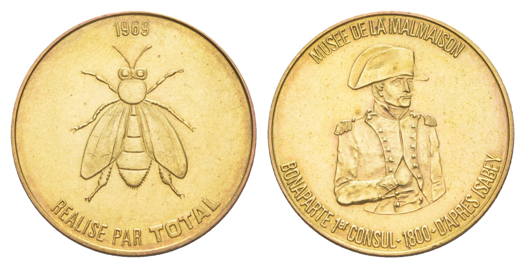 Франция жетон к 200-летию со дня рождения Наполеона-Бонапарта "Музей Мальмезона - Первый консул Бонапарта" 1969 компания Total, диаметр 25,8 мм, вес 5 гр железо плакированная латунью UNC 4637-517