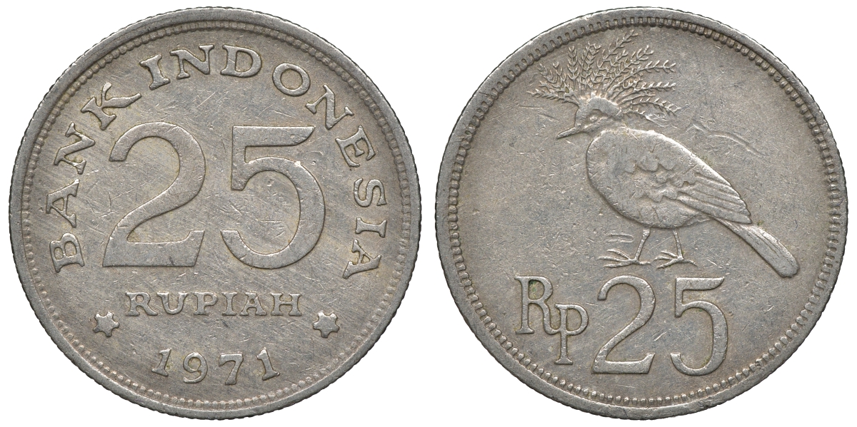 Индонезия 25 рупий 1971 год тип, венценосный голубь KM 34 медно-никель 4118-212