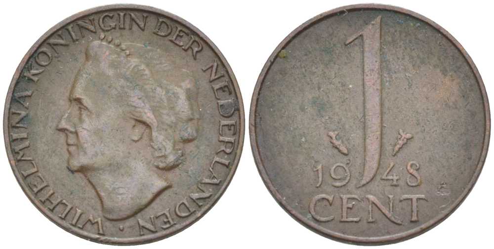 НИДЕРЛАНДЫ 1 ЦЕНТ 1948 ВИЛЬГЕЛЬМИНА (1890-1948) KM 107 бронза 214-1017