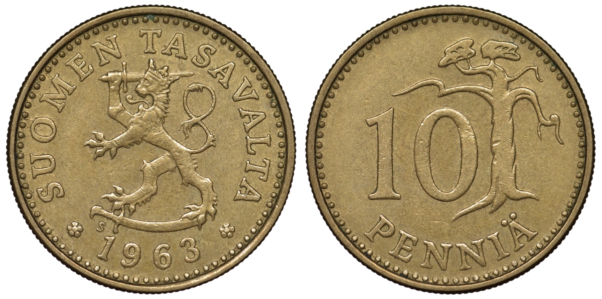 ФИНЛЯНДИЯ 10 ПЕННИ 1963 ПЕРВЫЙ ГОД KM 46 алюминиевая бронза 71-327