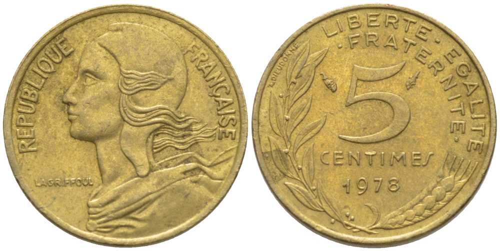 ФРАНЦИЯ 5 САНТИМОВ 1978 ТИП MARIANNE KM 933, LE FRANC 125.14 медь алюминий никель 116-447
