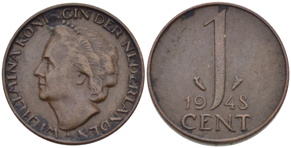 Нидерланды 1 цент 1948 Вильгельмина (1890-1948), год тип KM 175 бронза 66-427