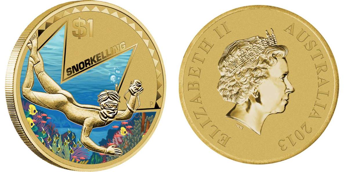 Австралия 1 доллар 2013 серия попробуй это, сноркелинг, цветная KM 2137 алюминиевая бронза UNC M41-06
