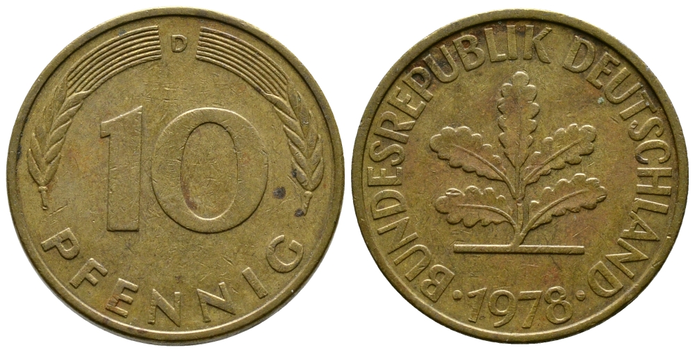 ФРГ 10 ПФЕННИГОВ 1978 D KM 108, J.383 сталь плакированная латунью 41-1027