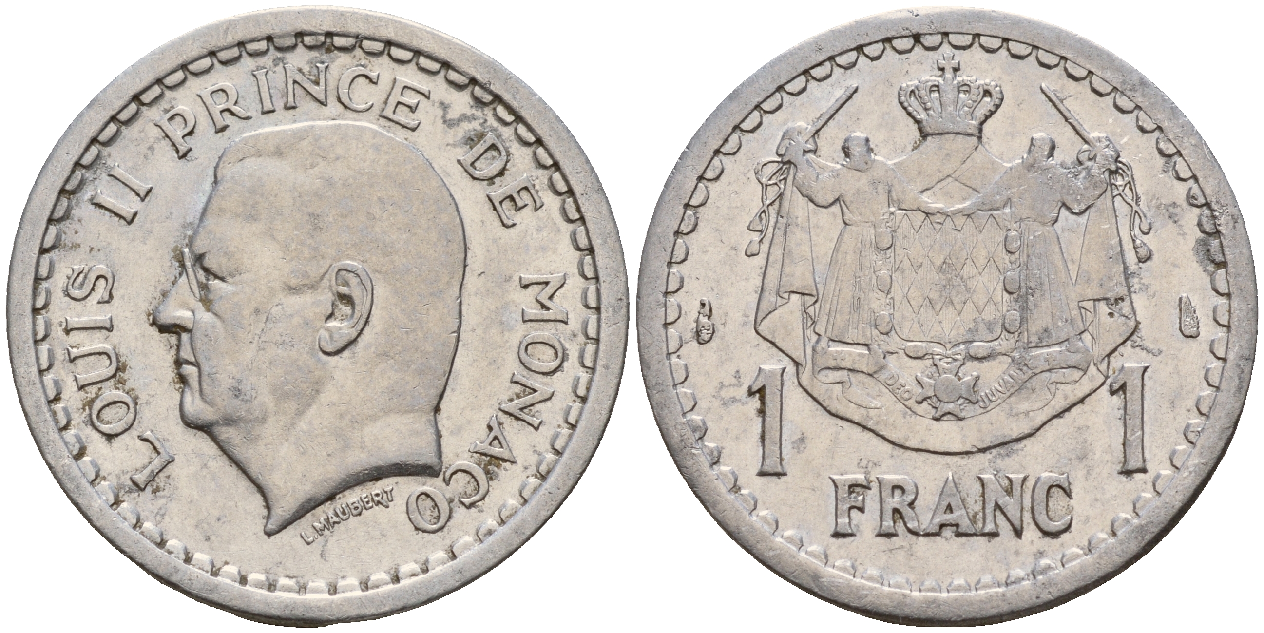 Монако 1 франк 1943 Луи II (1922-1949) KM 120 алюминий    4601-934
