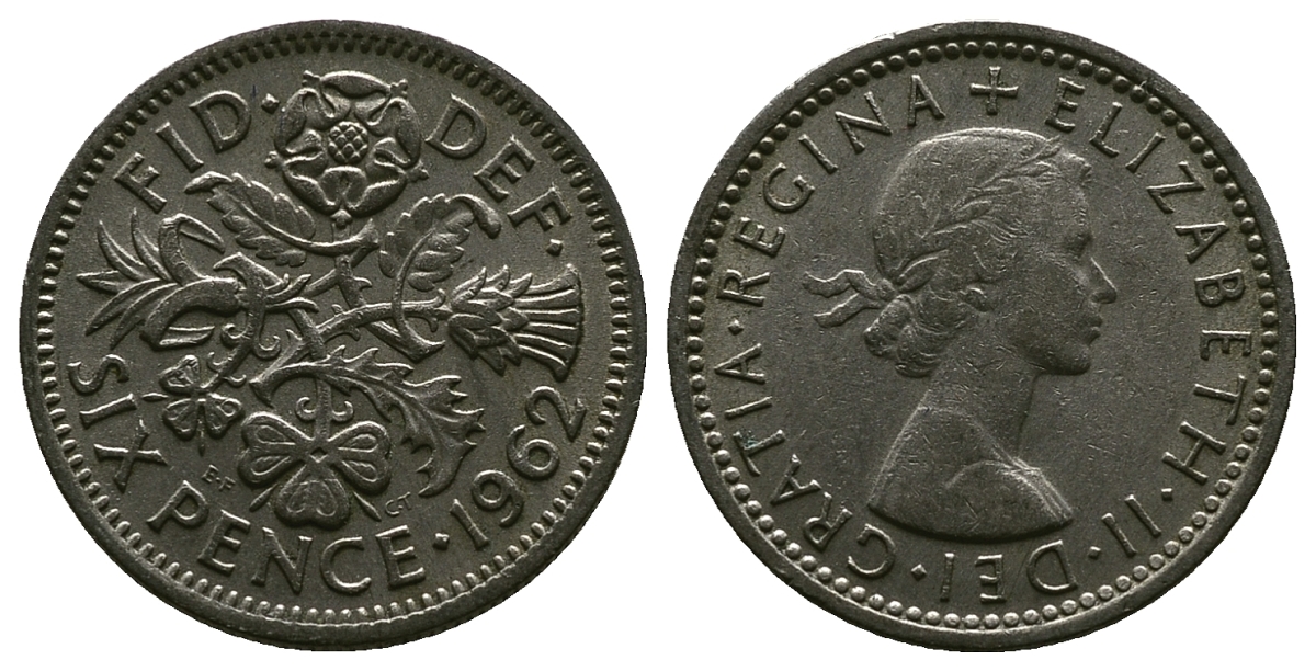 Великобритания 6 пенсов 1962 Елизавета II (1952-2022) KM 903, Spink 4149 медно-никель 4381-744