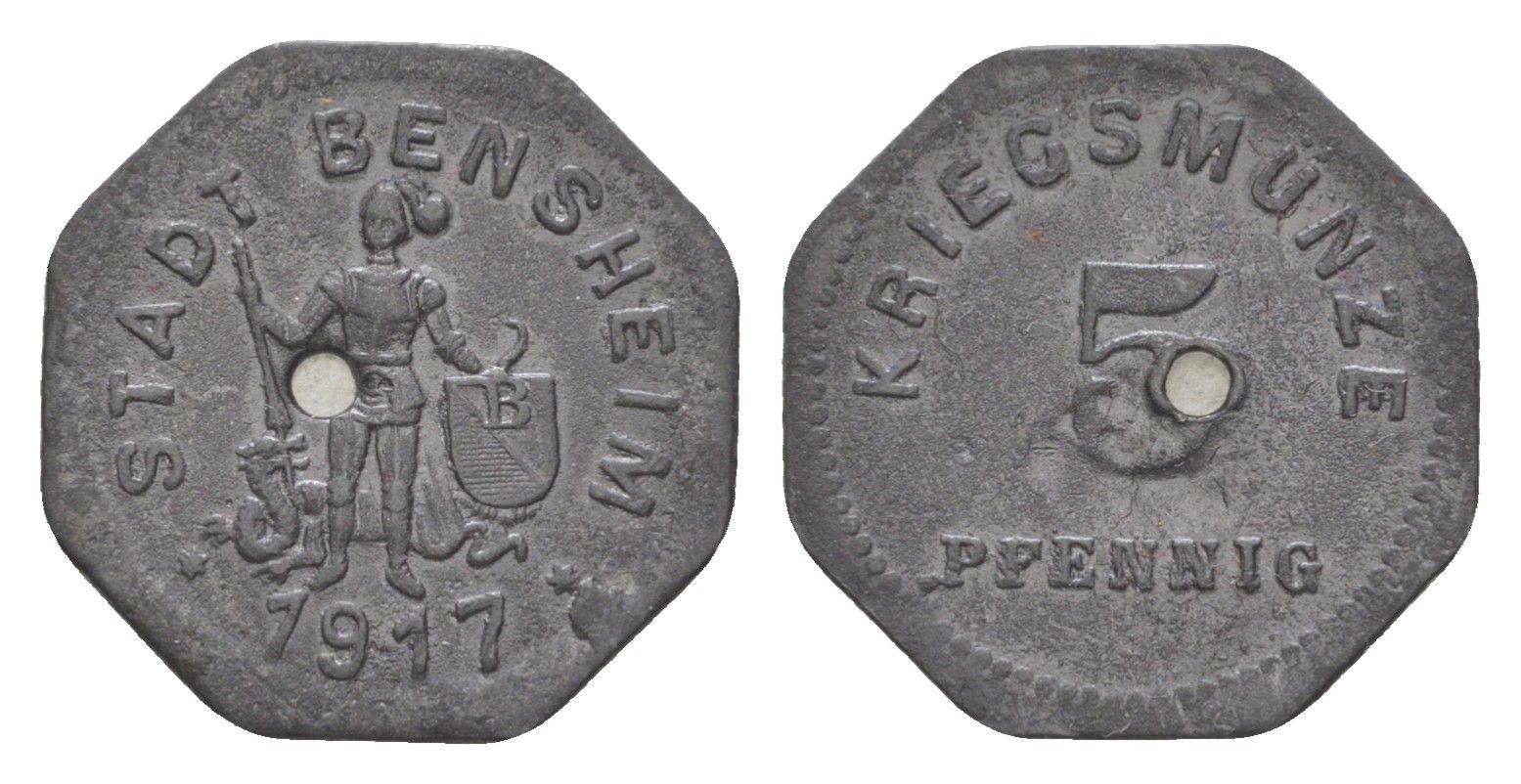 Бенсхайм 5 пфеннигов 1917 Funck 34.2A, Men05 1739.2, Men18 2245.2 цинк 4639-149