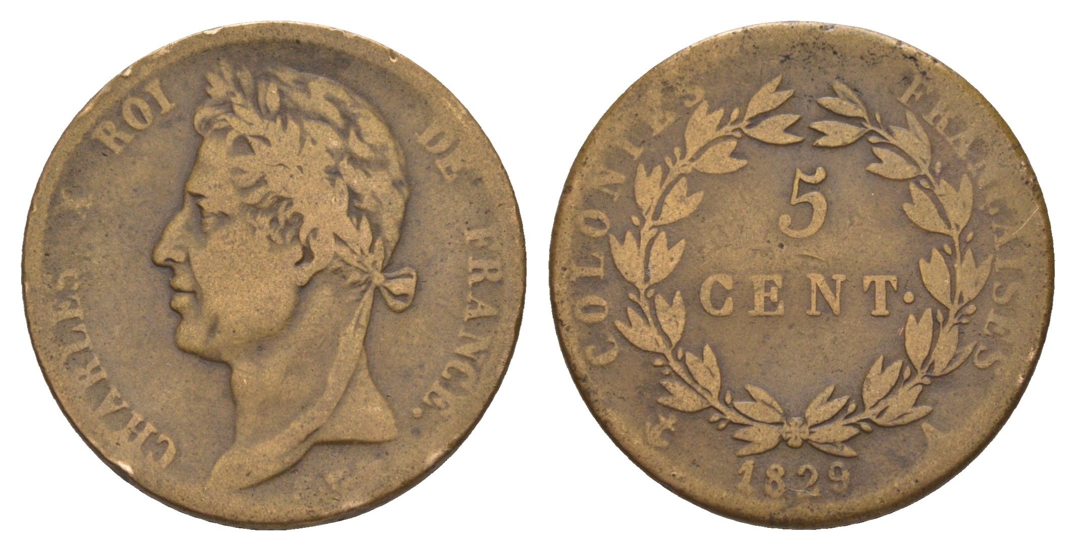 Французская Вест-Индия 5 сантимов 1829 A, Карл X (1824-1830) KM 10 бронза 1520-913