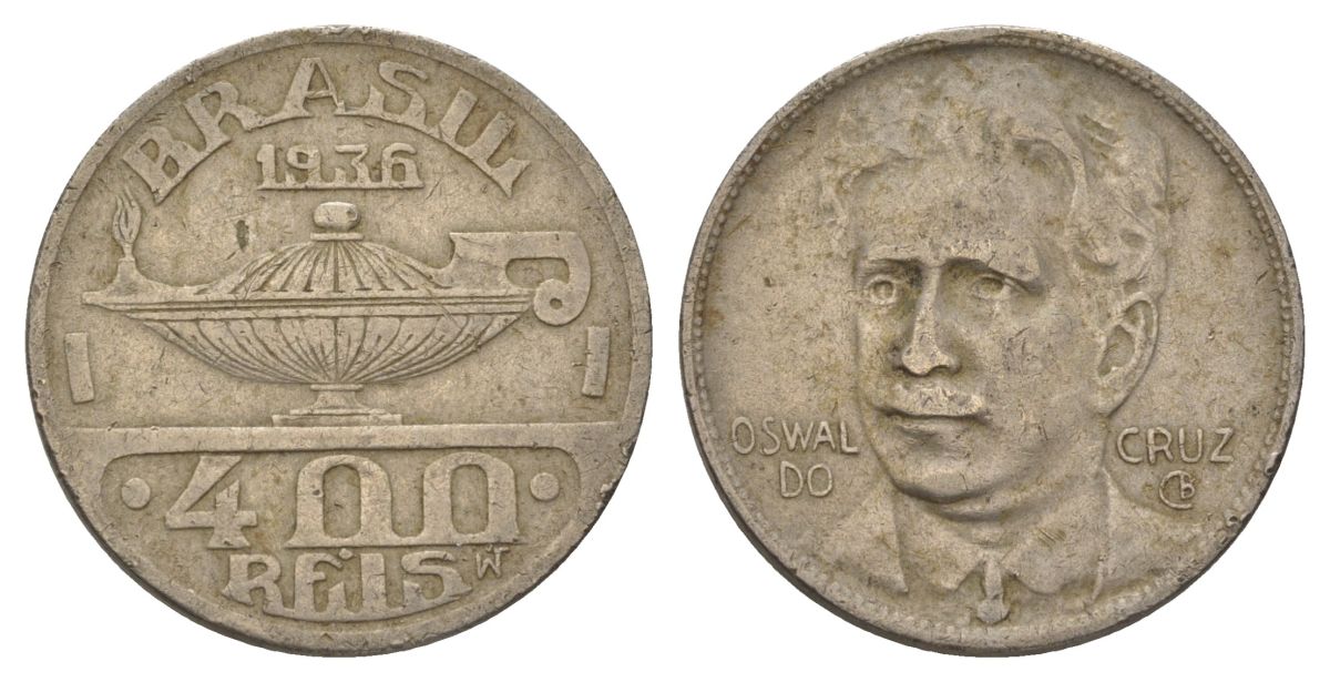 Бразилия 400 реалов 1936 Освалду Крус KM 539 медно-никель 4624-1216