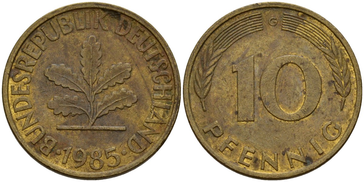 ФРГ 10 пфеннигов 1985 G KM 108 сталь плакированная латунью 4156-442