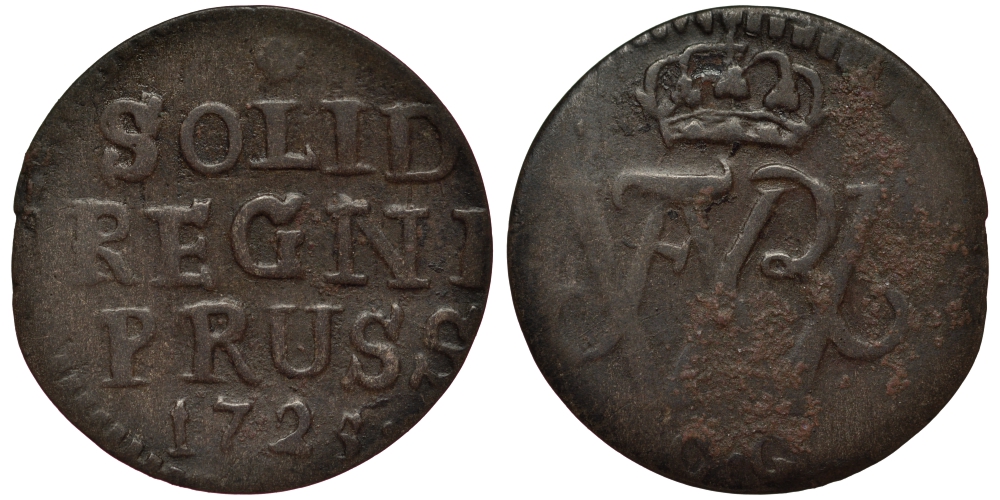 ПРУССИЯ 1 ШИЛЛИНГ 1725 CG, ФРИДРИХ ВИЛЬГЕЛЬМ I (1713-1740), ВЕС 0,67 ГР. KM 120 серебро 1516-745