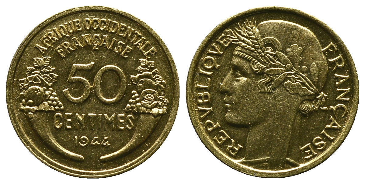 Французская Западная Африка 50 сантимов 1944 редкая KM 1, Lec 1 алюминиевая бронза aUNC 4381-935