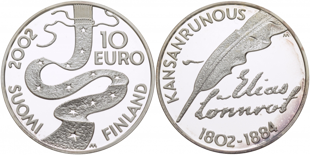 Финляндия 10 евро 2002 Элиас Леннрот, лингвист KM 108 серебро PROOF 11-162-32