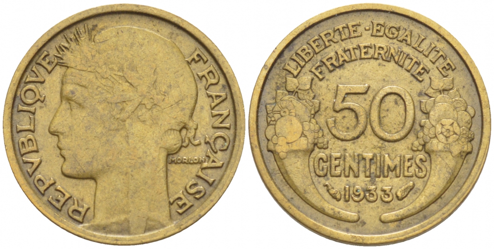 ФРАНЦИЯ 50 САНТИМОВ 1933 CLOSED 9 KM 894.1 алюминиевая бронза 3309-1031