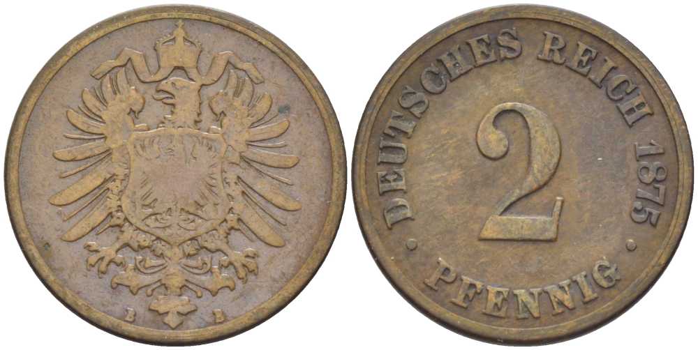 ГЕРМАНИЯ 2 ПФЕННИГА 1875 B, СТАРОГЕРБОВКА KM 2, J. 2, Weege 3 медь 212-523