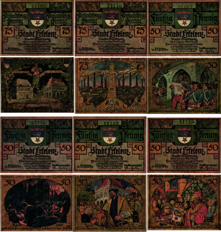 ЭРКЕЛЕНЦ, ГЕРМАНИЯ НАБОР ИЗ 6 БАНКНОТ 1921 НОТГЕЛЬД, ЗЕМЛЯ СЕВЕРНЫЙ РЕЙН-ВЕСТФАЛИЯ, 4 Х 50 ПФЕННИГОВ, 2 Х 75 ПФЕННИГОВ ARNOLD KELLER 348.1а бумага 7204-47-1