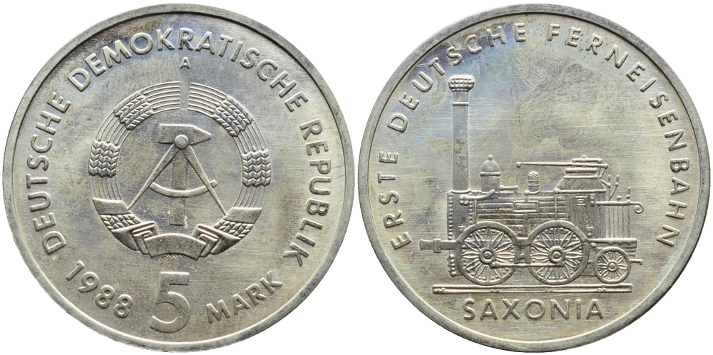 ГДР 5 МАРОК 1988 A, 150 ЛЕТ ПЕРВОЙ ЖЕЛЕЗНОЙ ДОРОГЕ ГЕРМАНИИ КМ 120 медно-никель UNC 4394-234