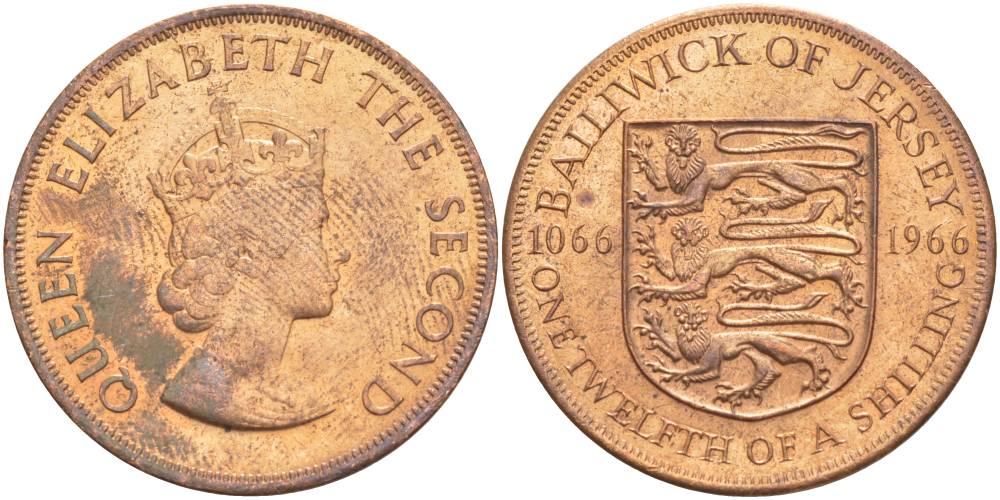 Джерси 1/12 шиллинга 1966 900 лет Нормандскому завоеванию KM 26 бронза UNC 4542-712