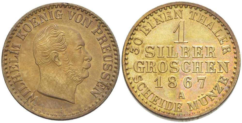 ПРУССИЯ 1 ГРОШ 1867 А, ВИЛЬГЕЛЬМ I (1861-1888) KM 485 серебро UNC 206-257