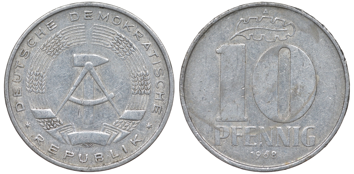 ГДР 10 пфеннигов 1968 A KM 10 алюминий 62-814