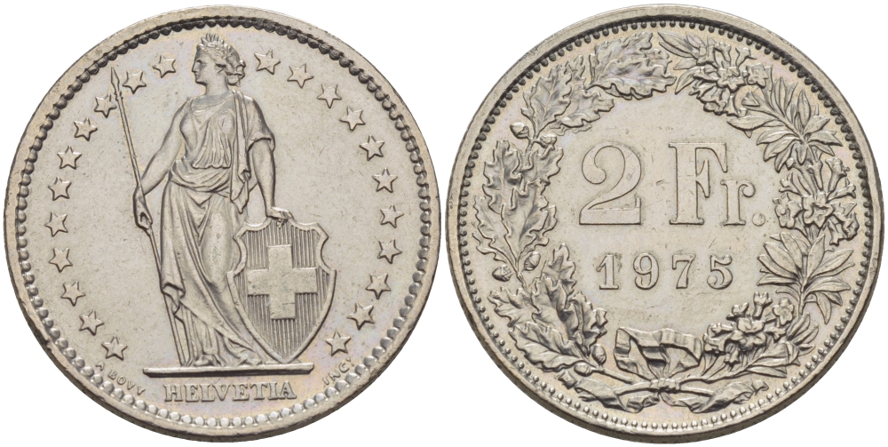 ШВЕЙЦАРИЯ 2 ФРАНКА 1975 KM 21а.1 медно-никель 32-1234