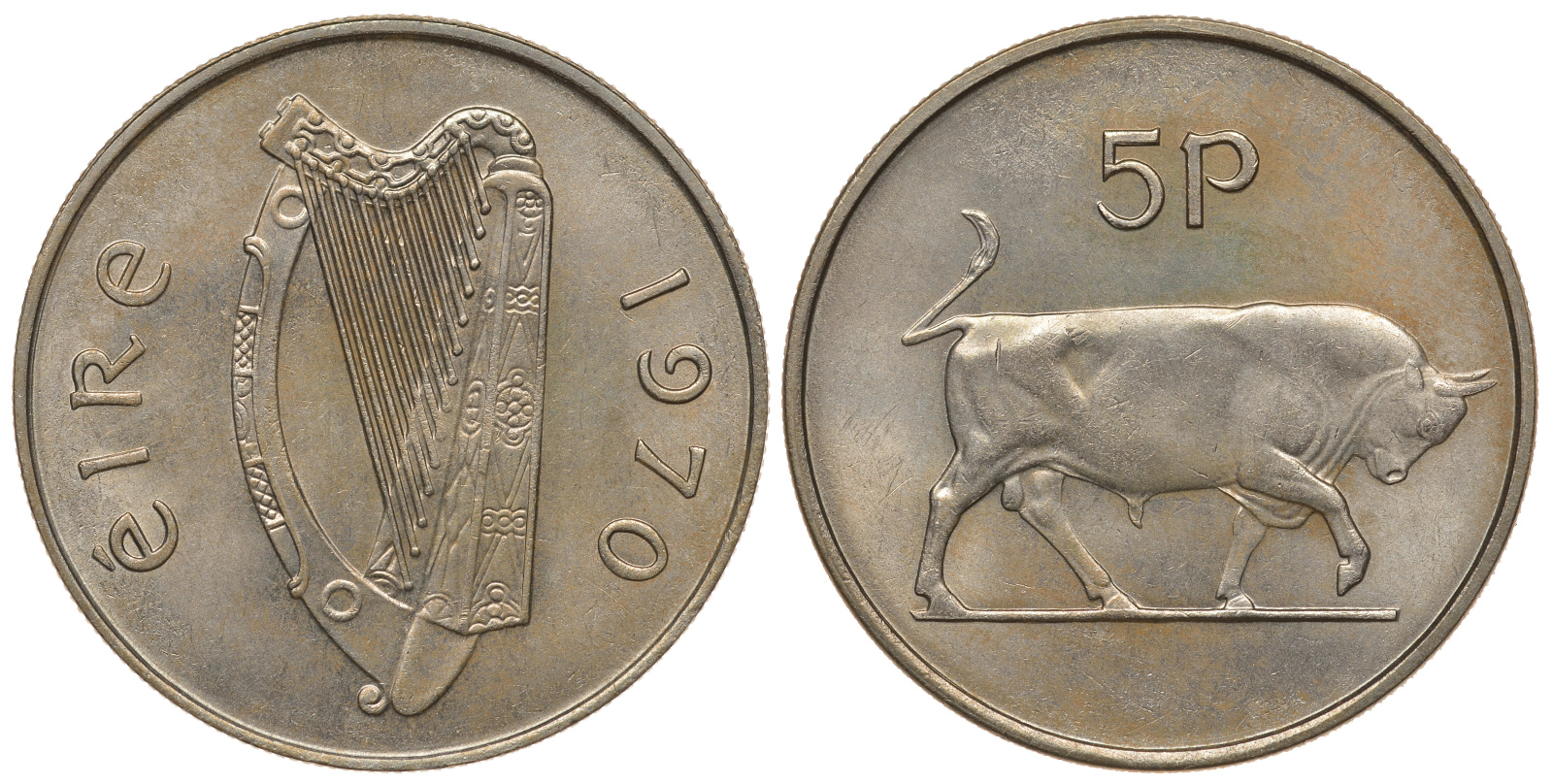 Ирландия 5 пенсов 1970 бык KM 22 медно-никель 51-144