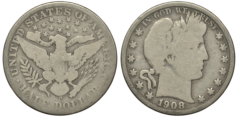 США 1/2 доллара (50 центов) 1908 O, монетный двор Орлеан, барбер, Barber KM 116 серебро 413-143