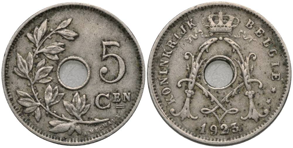 БЕЛЬГИЯ 5 САНТИМОВ 1923 BELGIE, АЛЬБЕРТ I (1909-1934) KM 67 медно-никель 27-111