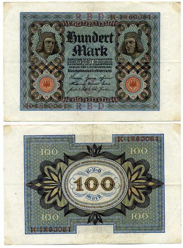 ГЕРМАНИЯ 100 МАРОК 1920 1 НОЯБРЯ 1920, СЕМИЗНАЧНЫЙ НОМЕР Pick 69а бумага 7198-29-2-1