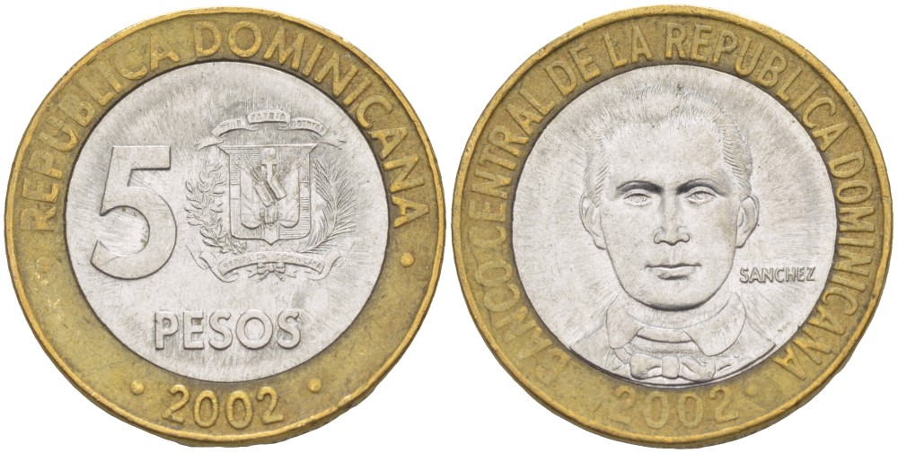 Доминиканская республика 5 песо 2002 Санчес KM 89 биметалл 4541-1123