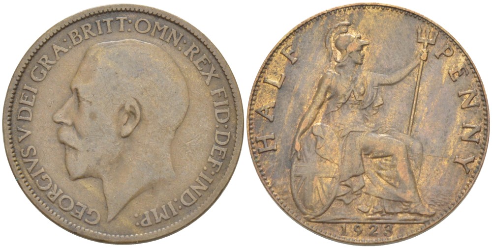 Великобритания 1/2 пенни 1923 Георг V (1910-1936) KM 809, Spink 4056 бронза 4519-1145