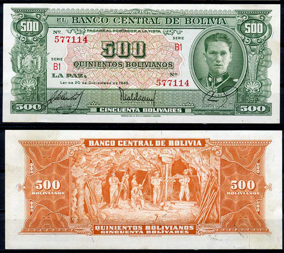 Боливия 500 боливиано 1945 серия B1, Херман Буш Бесерра, шахтеры, TDLR Pick 148 (4)  бумага  aUNC 00-00