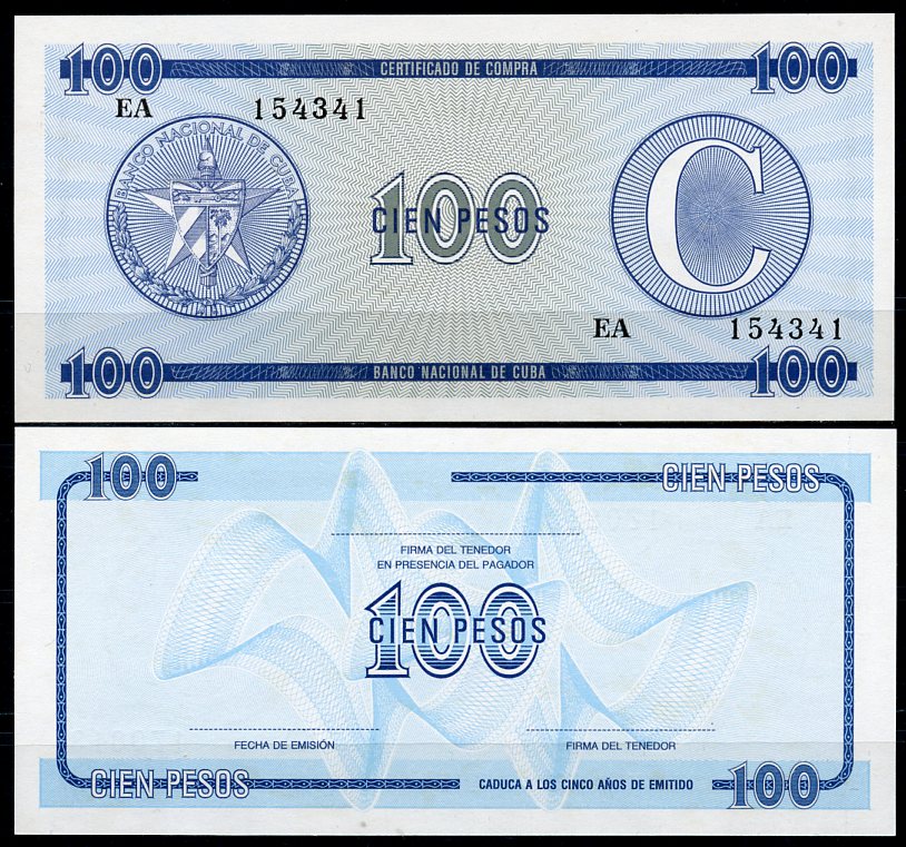 Куба, валютный сертификат 100 песо ND	серия C, второй выпуск, голубая Pick FX 25 бумага UNC (пресс) 7217-67-1-2