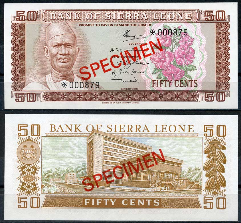Сьерра-Леоне 50 центов, 1, 2, и 5 емалангени 1978 образец, Specimen, № 000879 Pick 4 s, 5 s, 6 s, 7 s  бумага  UNC (пресс) 451-164-2