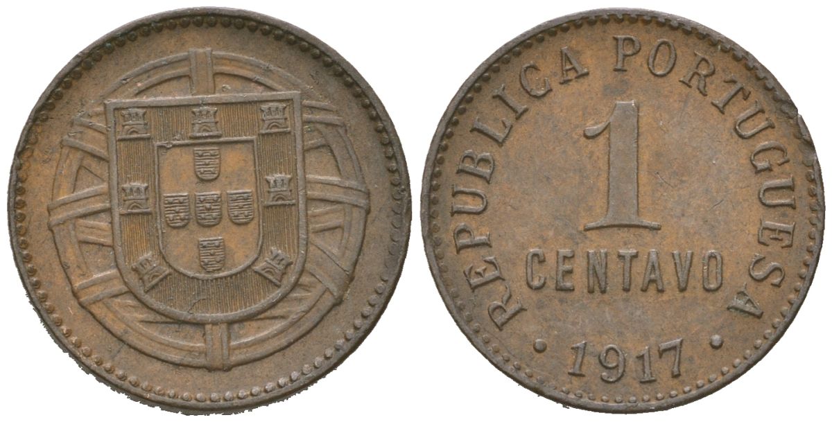 Португалия 1 сентаво 1917 KM 565 бронза 4611-236