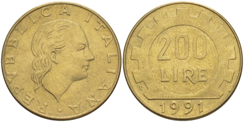 Италия 200 лир 1991 R, шестерня KM 105 алюминиевая бронза 4551-517