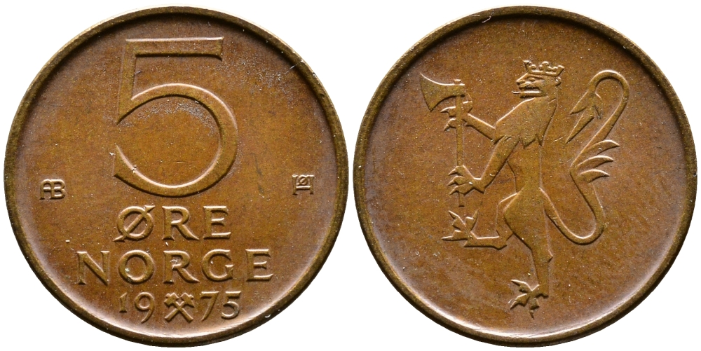 Норвегия 5 эре 1975 Улаф V (1958-1991) KM 415 бронза 26-948