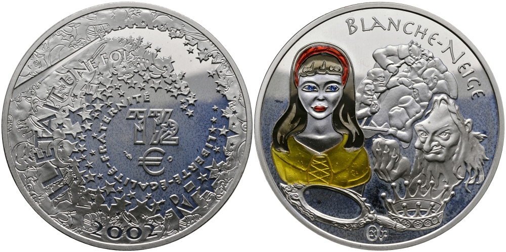 Франция 1 1/2 евро 2002 серия сказки, Белоснежка и семь гномов, эмаль KM 1840 серебро PROOF 1068-10-43