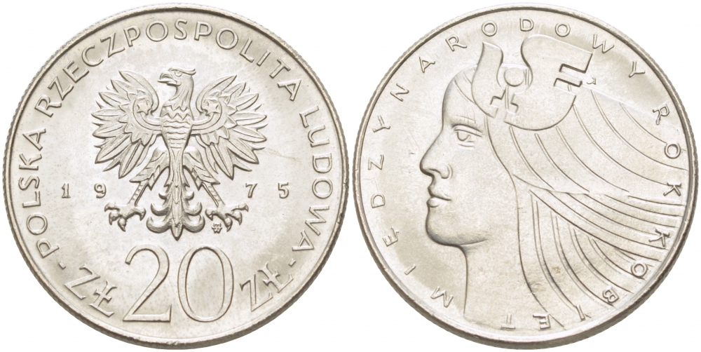 Польша 20 злотых 1975 MW, Международный год женщины KM 75, Parchimowicz 248 медно-никель UNC 4403-126
