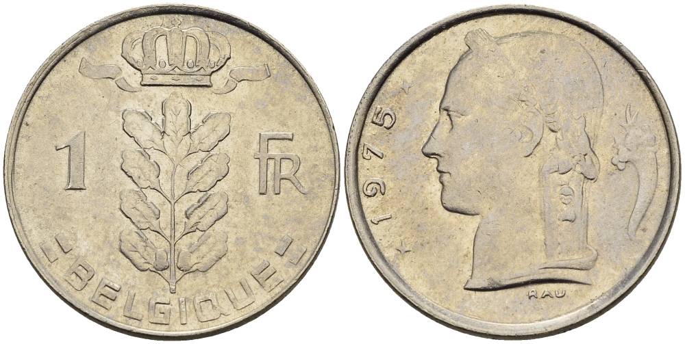 БЕЛЬГИЯ 1 ФРАНК 1975 BELGIQUE KM 142.1 медно-никель 4546-516