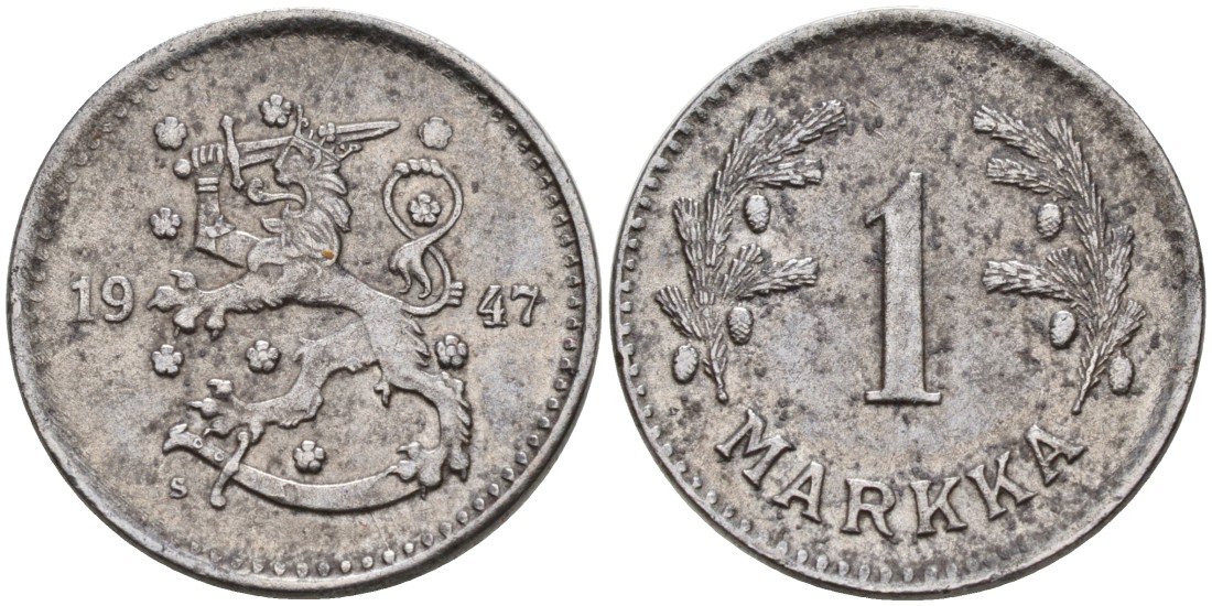 ФИНЛЯНДИЯ 1 МАРКА 1947 S KM 30b железо 4563-656