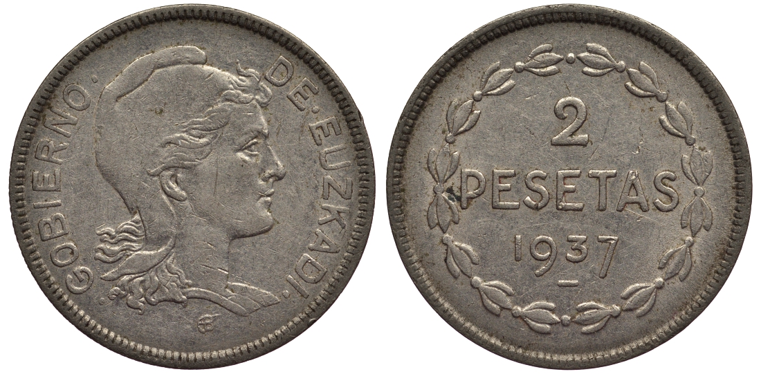 ИСПАНИЯ (EUZKADI) 2 ПЕСЕТЫ 1937 РЕСПУБЛИКА БАСКОВ KM 2 никель 1521-212